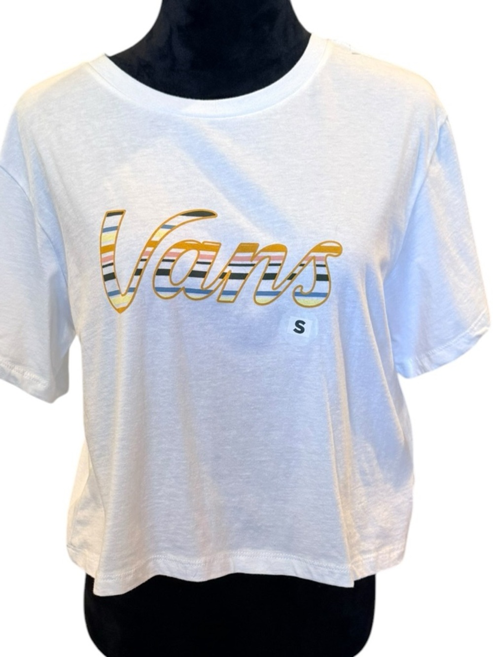 Vans White T-shirt Top Cropped Multicolor Striped Logo Shirt Size Small NWT New